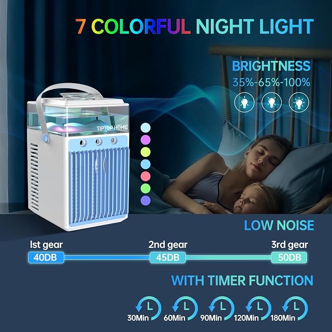 Portable Air Conditioners: 5 in 1 Mini AC Fan with 800ML Water Tank App Control Evaporative USB Powered Rechargeable Personal Cooling for Bedroom Night Light Office Desk Camping Tent Car