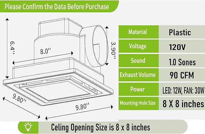 Bathroom Exhaust Fan with LED Light Ceiling Mount Ventilation Fan 118 CFM 1.0 Sones 4 Inch Duct Quiet Bathroom Vent Fan with Light Combo 5000K for Home Bath Hotel-Squares