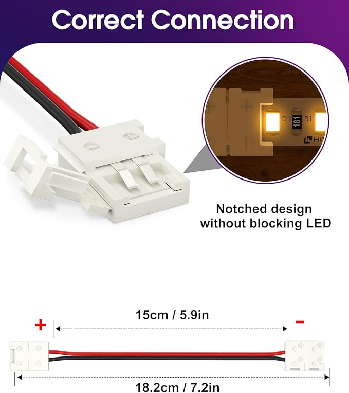 HitLights LED Light Strip Connector, 8mm Single Color 3528 - 6 Inch Any Angle Strip to Strip, 12 Pack