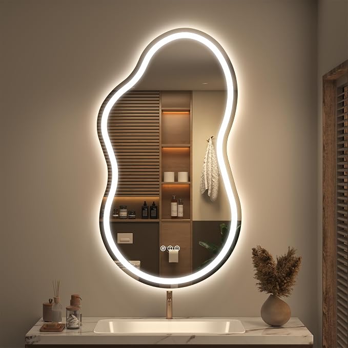 SMIROR 20x36 Irregular Led Lighted Bathroom Vanity Mirror | Asymmetrical, Cloud Shape, Front lighted + Backlit, Anti-Fog, 3 Colors, Dimmable, Memory, Tempered Glass, UL