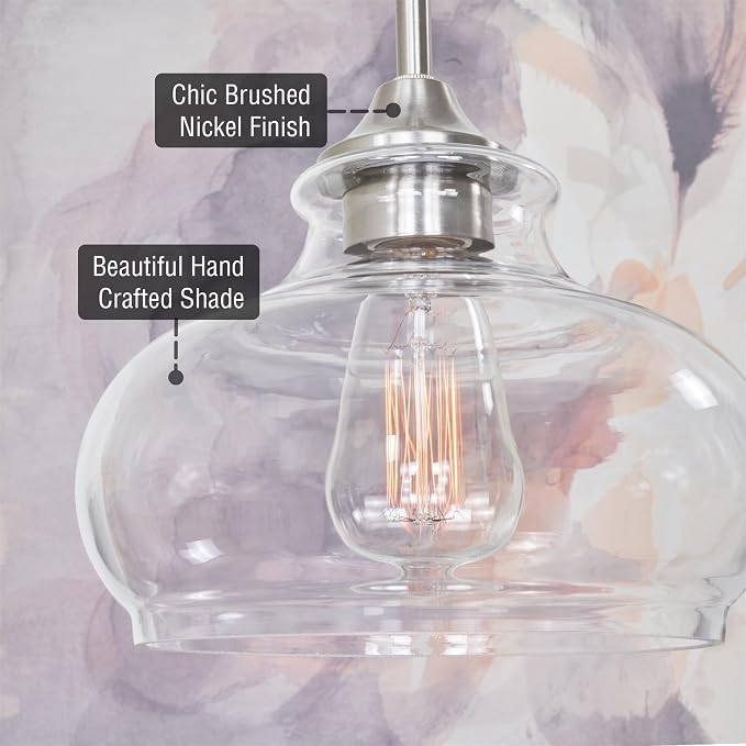 Kira Home Harlow 9" Modern Schoolhouse Pendant Light for Ktichen Island | Clear Glass Shade, Industrial Farmhouse Silver Hanging Fixture, Premium Brushed Nickel Finish