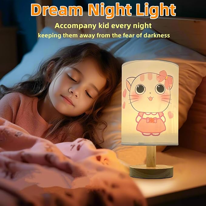 Cat Lamp,Cute Kitty Bedside Table Lamps for Girls Room 3 Color Dimmable Kids Nightstand Night Light with Pink Cartoon Shade Cats Desk Lamp for Girls Boys Cat Lovers Room Nursery Decorative Lights