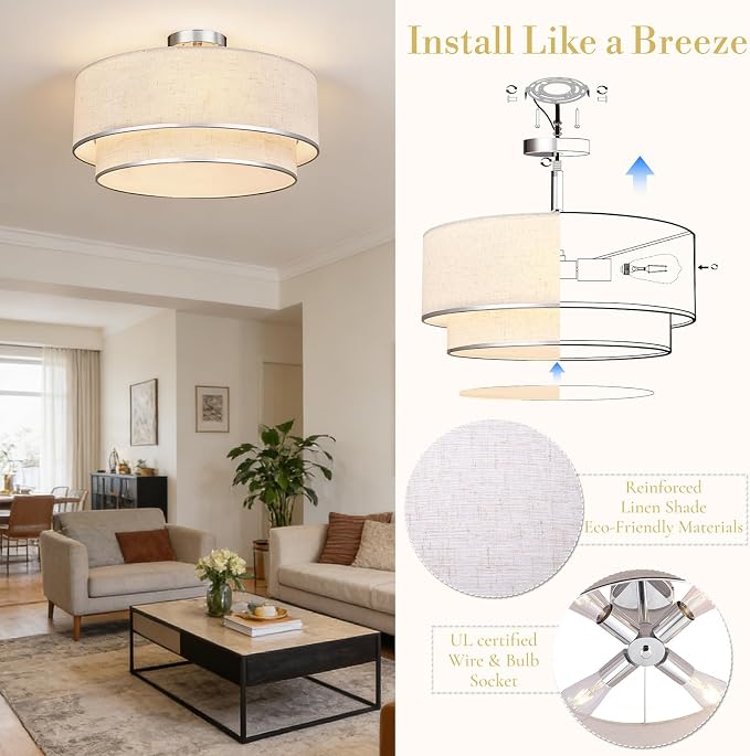 Hamilyeah 20 Inch Semi Flush Mount Ceiling Light, Dual Drum Fabric Shade Ceiling Light Fixture with Silver Metal Trim, Modern Ceiling Lamp for Bedroom, Living Room, Dining Room, Kitchen, Hallway