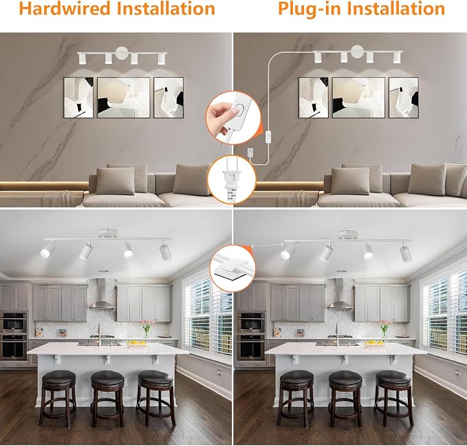 Plug in Track Lighting Kit, 80cm LED 4 Light Kitchen Track Lighting, Corded Wall Light with 16.4ft Cord, 4 Way Ceiling Spot Lighting Flexibly Rotatable Head Includes 4xGU10 Bulb (4 White-Acrylic-80cm)