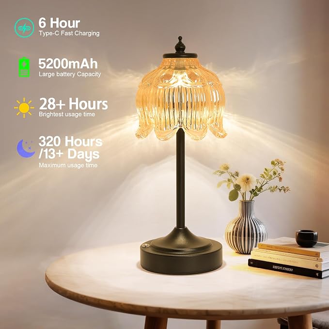 Cordless Table Lamp, Rechargeable Amber Glass Lotus Flower Lamp | 5200mAh touch lamp with 3 color modes and stepless dimming, battery operated lamp for nightstands and kitchen counters