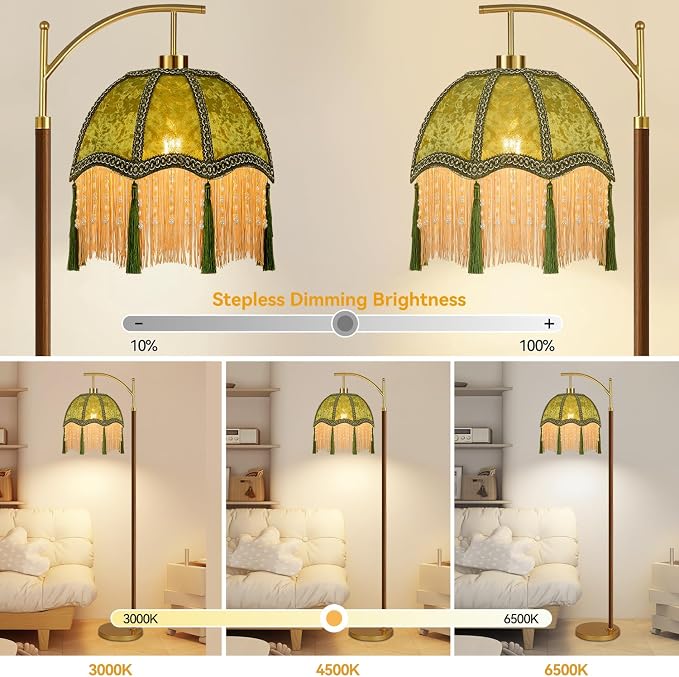 Wood Floor Lamps for Living Room Arc Boho Floor Lamp with Remote Control &3 Color Temperature,Vintage Green Floor Lamp Flower Mid Century Modern Standing Lamp Fringe Tall Floor Lamp for Bedroom Corner