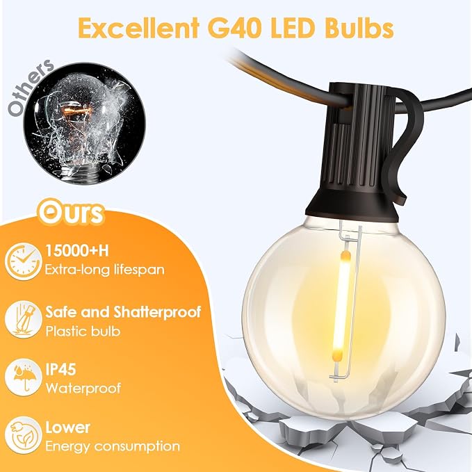 2 Pack 25FT G40 LED Outdoor String Lights with 10+1 Bulbs, Black | Waterproof, Shatterproof, Dimmable, Connectable, Energy-saving, Patio Lights Porch Balcony Backyard Party Classroom Decor