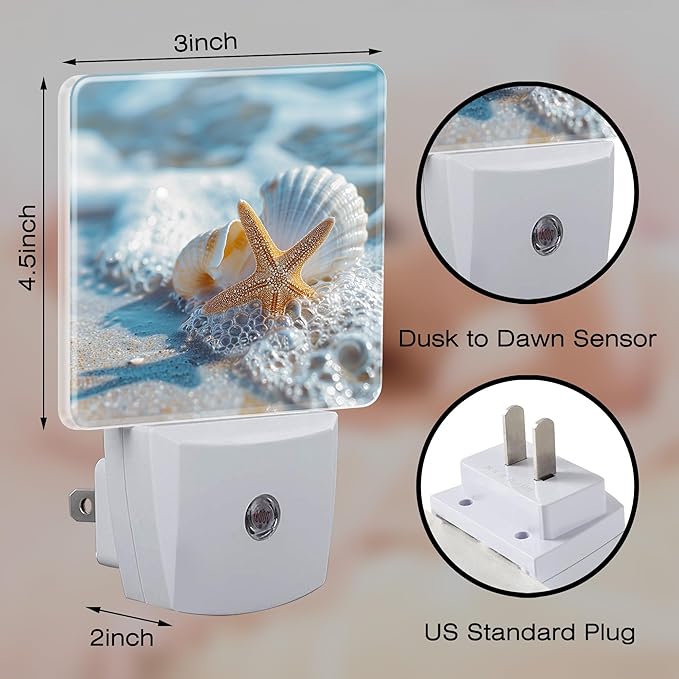 Starfish Seashell on Beach Night Light Plug into Wall, Summmer Ocean Beach Dusk to Dawn Night Light,0.5w Energy Saving Sleep Friendly Nightlights for Kids Boys Girls Home Decor