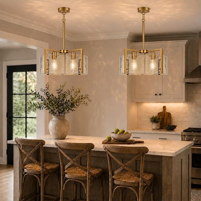 17.7 Inch Gold Chandeliers for Dining Room, Adjustable Height | 4-Light Vintage Entryway Light Fixture, Glass Pendant Lights for Kitchen Island Foyer Bedroom Bathroom