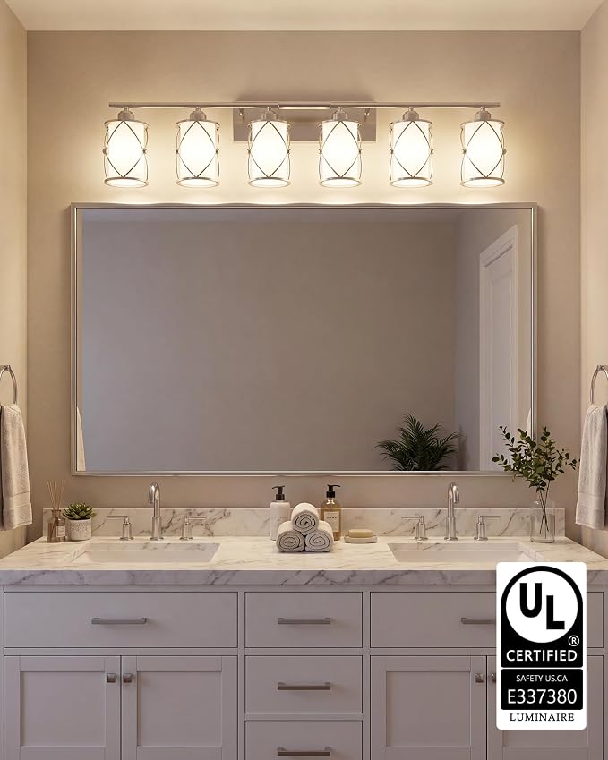6-Light Brushed Nickel Bathroom Light Fixtures Over Mirror, 42" UL-Listed Modern Wall Sconce Lights with Milk White Frosted Glass and Metal Cage for Bath, Hardwire E26, CH9176BNW-6W