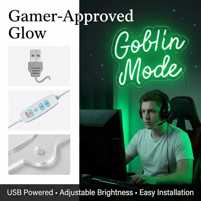 Goblin Mode Neon Sign Wall Decor for Bedroom, Living Room, Man Cave, Birthday Party, Goblin Mode Glow Neon Light, Dimmable, USB Power, Green(14.1"x11")
