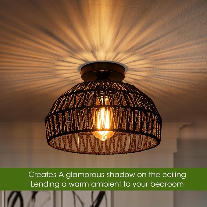 2 Packs Black Boho Light,Rattan Ceiling Lighting Fixtures Small Boho Lamp Shade Flush Mount Ceiling Light Hand Woven Chandelier for Entryway Bedroom Kitchen Nursery Lights