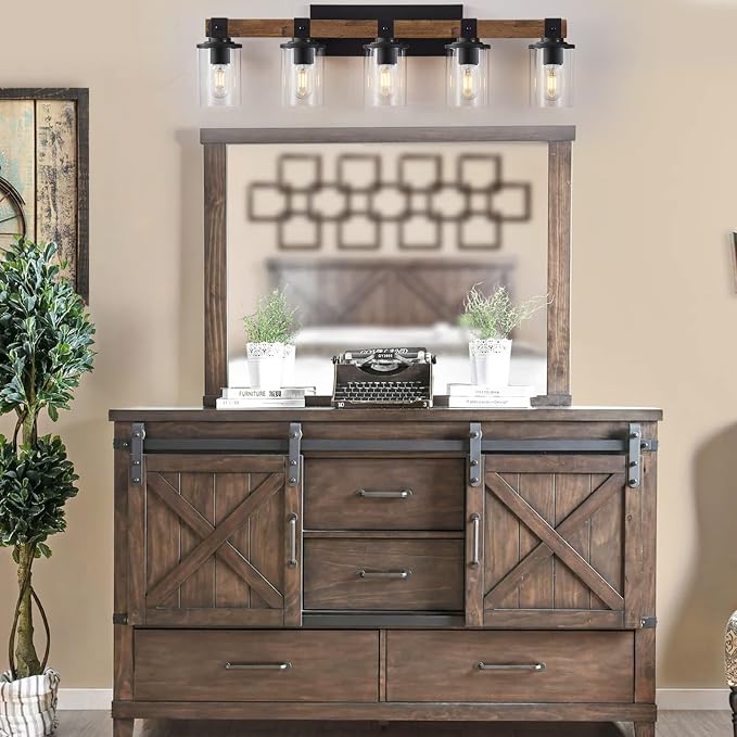 DUJAHMLAND Farmhouse Vanity Lights, 5-Light Wood Bathroom Wall Lighting with Clear Glass, Industrial Metal Wall Sconce for Bedroom, Kitchen, Hallway (Antique Wood, 5-Light)