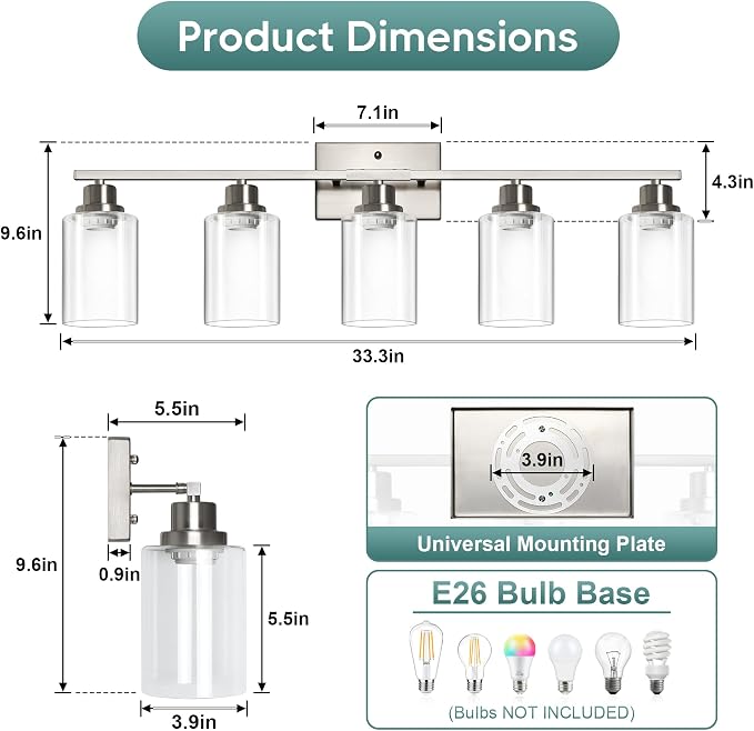 Ascher Bathroom Light Fixtures, 5-Light Vanity Light Over Mirror, Brushed Nickel Wall Sconces with Clear Glass Shades, Wall Lamp for Living Room Bedroom, E26 Base(Bulbs Not Included)