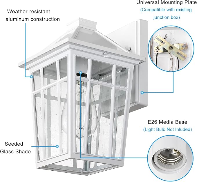 Darkaway Outdoor Sconce Lights Wall Light Fixtures, Front Porch Light Outdoor Wall Anti-Rust Waterproof Aluminum with Glass Exterior Light Fixture for Patio, Yard, Doorway, Garage(1 Pack, White)