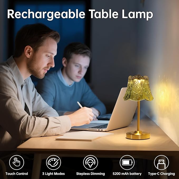 Shenmoyl Set of 2 Cordless Touch Table Lamp with 5200mAh Battery - 3 Adjustable Color Temperatures & Dimmable, Rechargeable Lamp for Bedsides, Living Room, Entryway, Bookshelves (Green Rose)