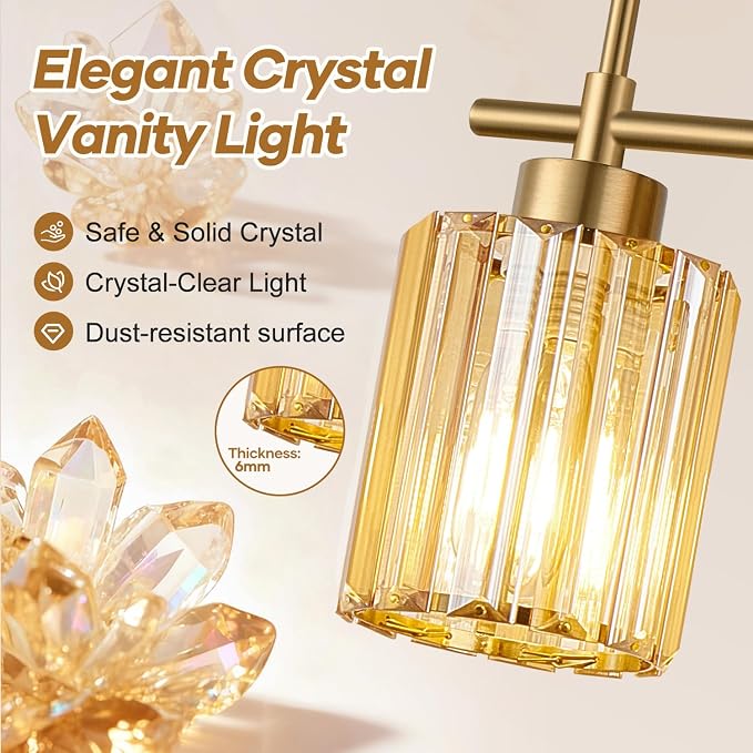 Modern Crystal Bathroom Light Fixtures Over Mirror, 3-Light Brushed Gold Bathroom Vanity Light with Amber Glass Shades, Modern Vanity Lights for Bathroom, E26 Base, Bulbs Not Included