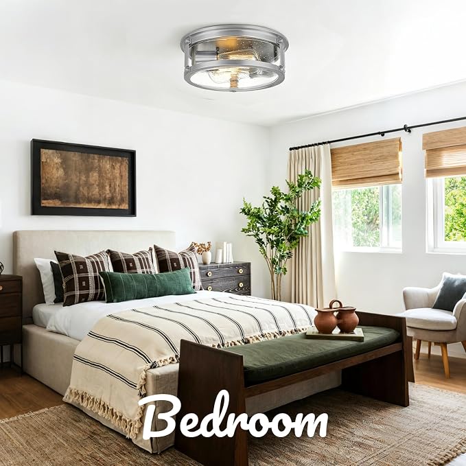 2-Light Brushed Nickel Flush Mount Ceiling Light Fixtures | Seeded Glass, 12 inch Minimalist Close to Ceiling Lighting, For Hallway, Kitchen, Entryway, Bedroom