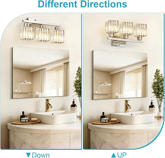 GOLSPARK 3 Light Crystal Bathroom Light Fixtures, Modern Brushed Nickel Vanity Lighting Fixtures, Vanity Light Over Mirror for Bathroom, E26 Socket Crystal Wall Light Square Shades (Bulbs Excluded)