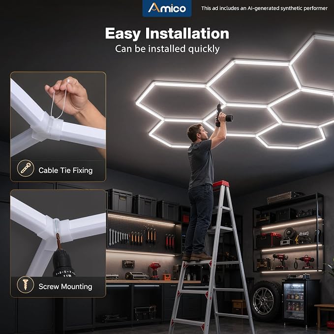 Amico Hexagon Garage Lights Dimmable & Tunable, 14 Hex Grid, Remote & Timer | 10-100% Stepless Dimming, 3500K-6500K Adjustable, 456W 54000LM Honeycomb LED Ceiling Lights for Garage Workshop Car Detailing