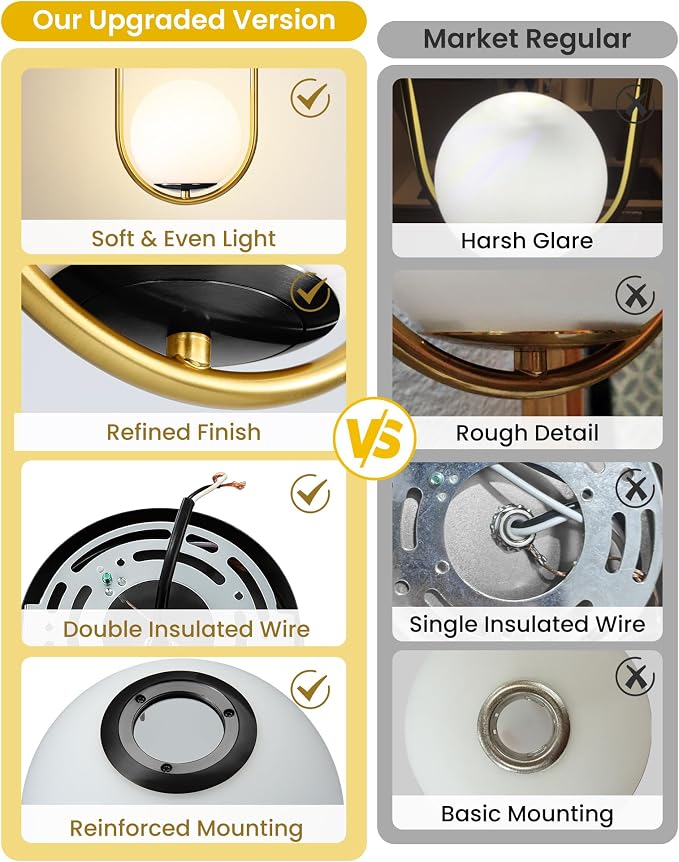Yunnix 3 Pack Pendant Lights Kitchen Island, Pendant Light Fixtures, Modern Black and Gold Globe Glass Pendant Lighting, Mid Century Chandelier One Light for Bathroom Bedroom