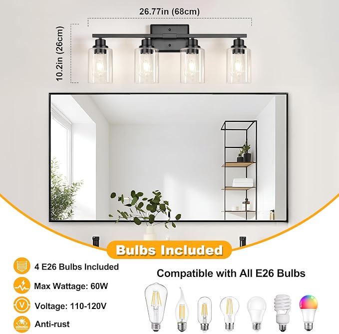 Modern Black Bathroom Light Fixtures, 4-Light Vanity Lights Over Mirror with E26 LED Bulbs Included, Wall Sconce with Clear Glass Shades for Living Room Bedroom Hallway Kitchen