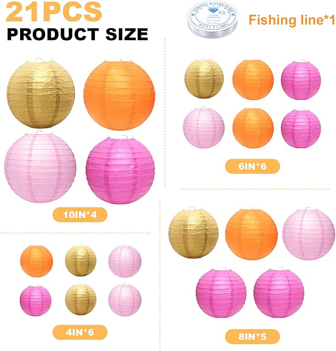 21 Pcs Paper Lanterns Party Decorations, 4/6/8/10 Inch Round Chinese Hanging Paper Lanterns for Wedding, Birthday, Baby Shower, Graduation, Classroom Ceiling Decorations Indoor Outdoor