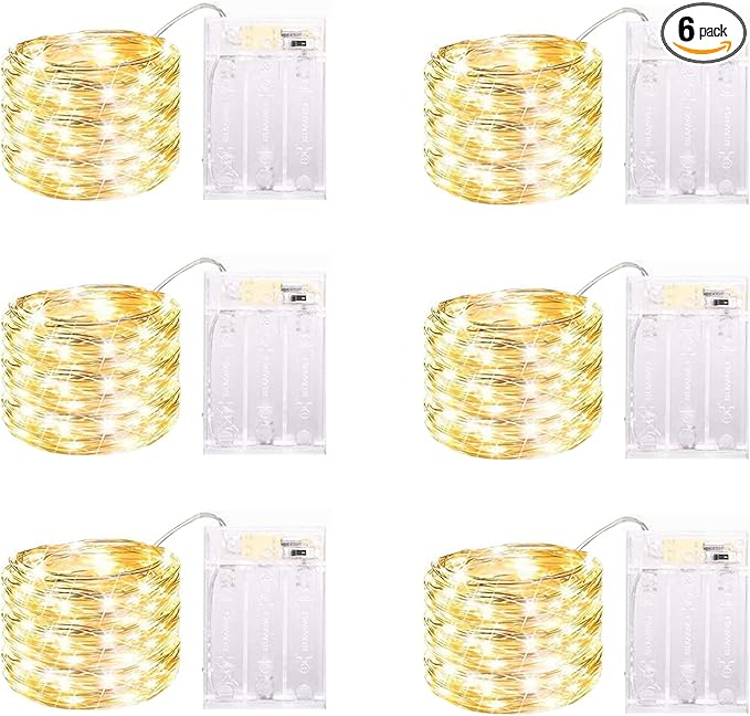 6 Pack LED Fairy Lights Battery Operated with Timer, 13FT 40LED Waterproof Firefly Lights Silver Wire Mini Twinkle String Lights for Wedding Christmas Birthday Party Mason jar Decorations, Warm White