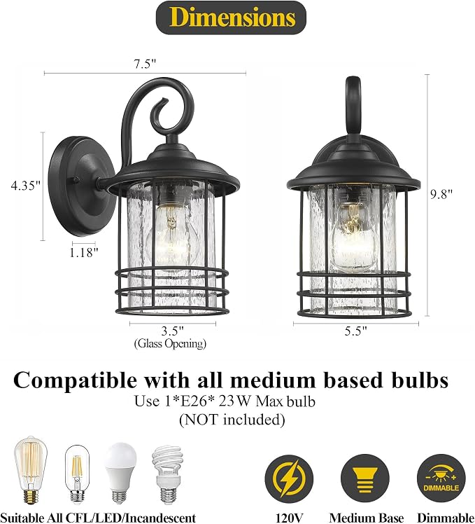 MICSIU 5.5" Wide Black Single Outdoor Porch Light, 9.8" H Modern Farmhouse | Seedy Glass Outside Fixture, Vintage Round Outdoor Wall Sconce For Small Sidelight, Front Door, Garage