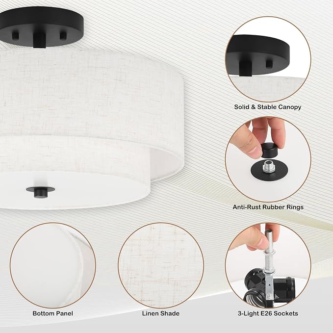 16" Semi Flush Mount Ceiling Light,3-Light,2-Layer Beige Linen Drum | Farmhouse Ceiling Light with Linen Fabric Shade,E26,Great for Living Room,Dining Rooms,Bedroom,Kitchen,Bulbs NOT Included