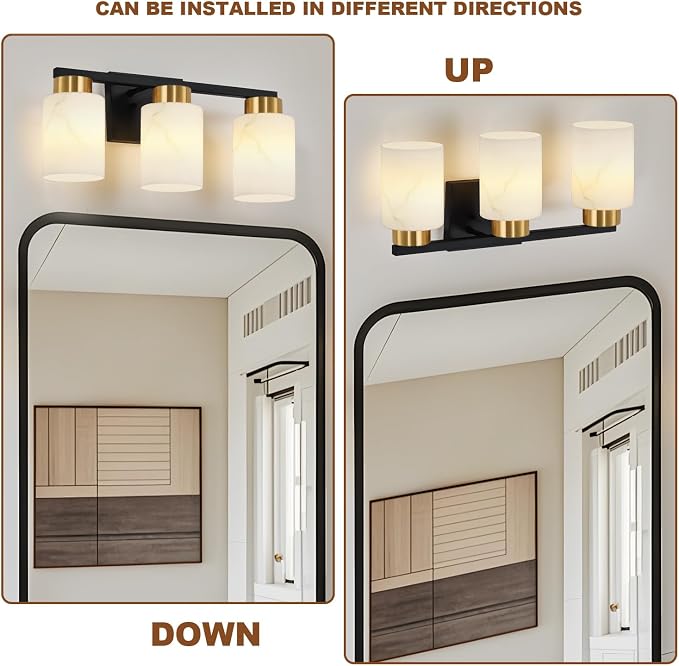3-Light Bathroom Light Fixtures, Modern Vanity Lights, Black and Gold Metal Wall Lamp with White Marble Glass for Bathroom, Mirror, Living Room, Bedroom, Cabinet, Porch, Hallway, E26 Base