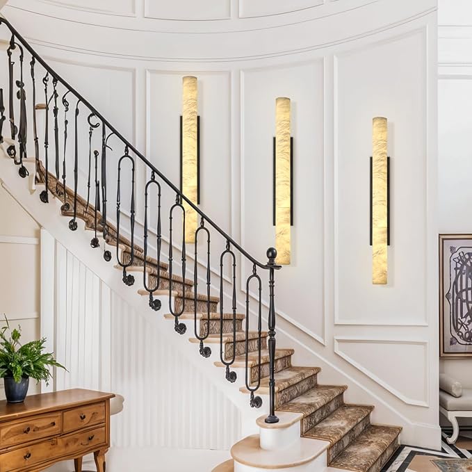 Natural Alabaster Wall Sconces, 36" Large Bronze Wall Sconce, Modern Gold LED Sconces, Cylinder Spanish Marble Sconce Perfect for Living Room, Bedroom, Hallway, Stairs