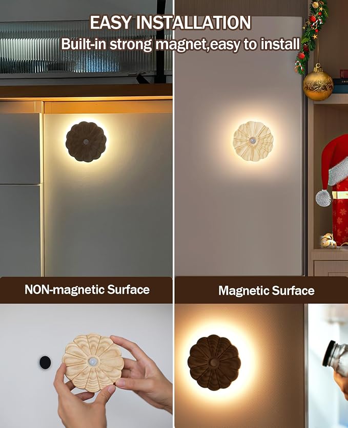 Rechargeable Motion Sensor Light Indoor, Wood Flower Night Light, Magnetic | Warm White 3000K, Ash Wood Flower USB Rechargeable Light, Wireless Lighting for Hallway Bedroom Kitchen , Magnetic Stick-on