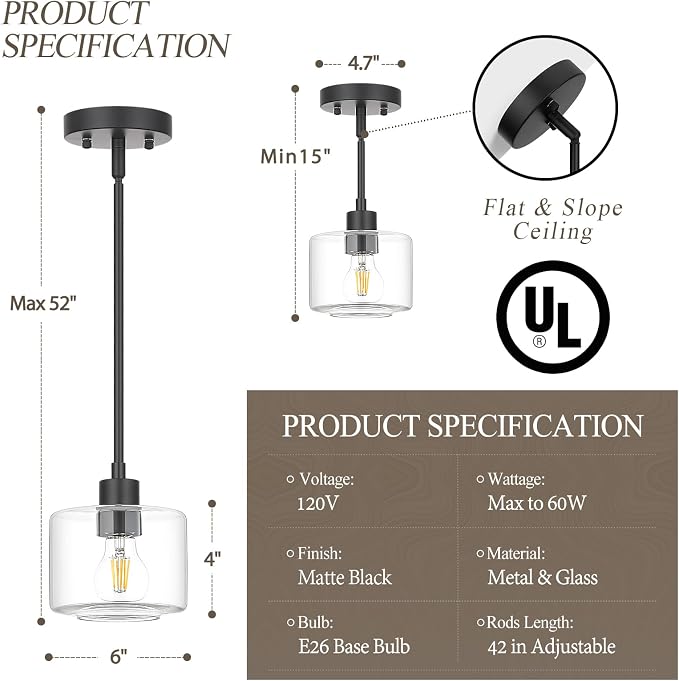 Black Pendant Lights Kitchen Island, 1-Light Modern Clear Glass Hanging Light Fixtures with Rods, Mini Kitchen Pendant Lighting Over Island for Sink Bathroom, OS-YQ8153-1PBKC
