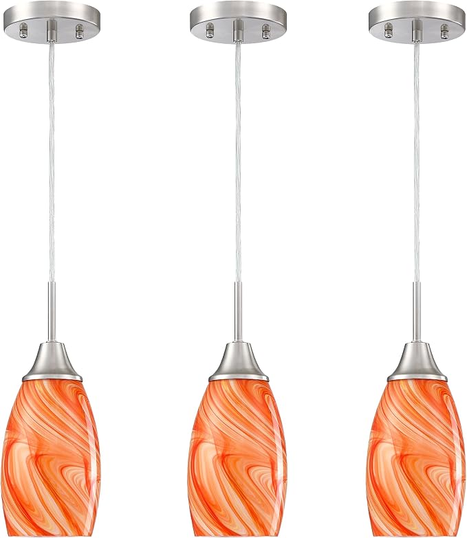 Viinew Mini Glass Pendant Light,3-Pack Orange Marble Glass Hanging Light | 4.72" with Handblown Glass Oval Chadelier,Glass Ceiling Pendant Light for Dining Room Kitchen Island Cafe Foyer