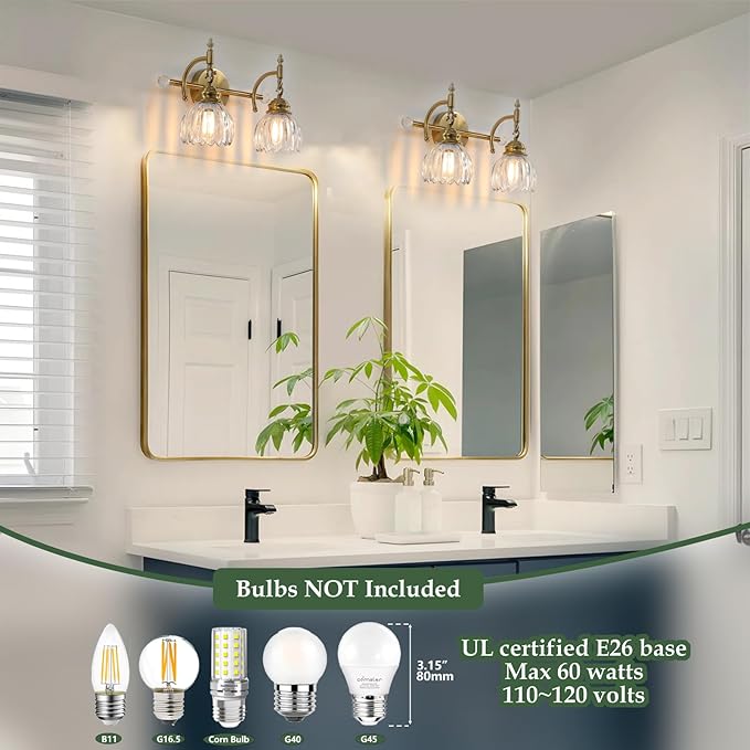 2 Light Vintage Vanity Light,Gold Brass Bathroom Light Fixture with Flower Clear Glass Shades,Bathroom Wall Light Over Mirror,E26 Base,Bulbs NOT Included