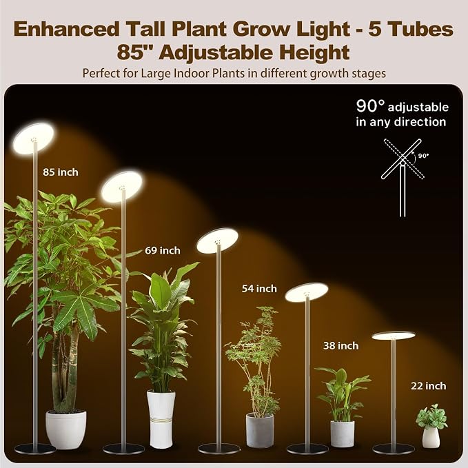 Grow Light for Indoor Plants 60W Full Spectrum LED, 85'' Adjustable Standing Plant Light, Tall Grow Light with Timer & 10-Level Dimmable, Ideal for Large Plants & Indoor Trees