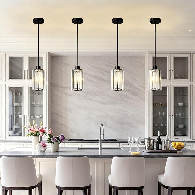 5.1" Mini Modern Black Crystal Kitchen Island Pendant Lights 2 Pack | Small Crystal Glass Shade, Sparkling Crystal Reflections, Customizable Hanging Height, Fits Most Ceilings, Matte Black Finish