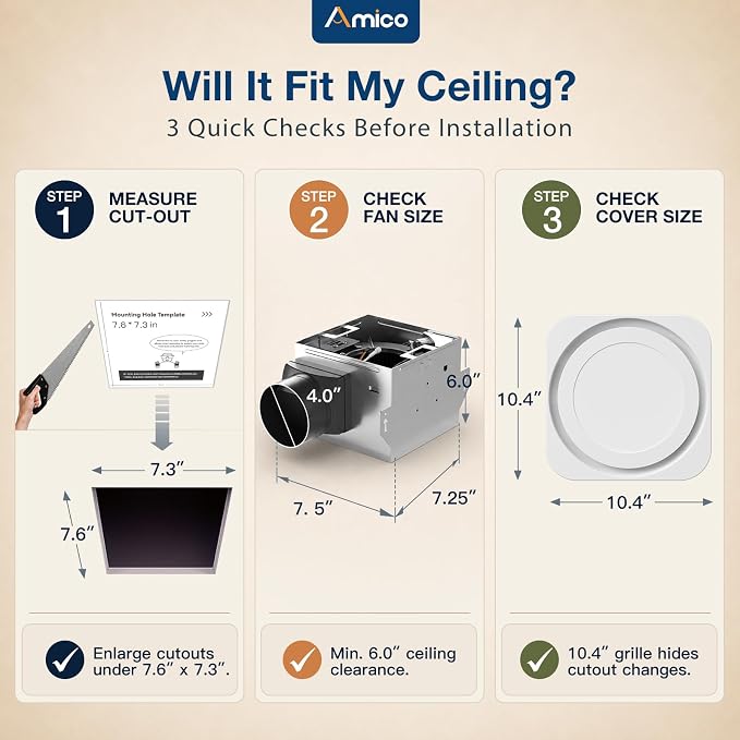 Amico Bathroom Exhaust Fan with Light, 80 CFM, 1.0 Sones, 1400LM, 3CCT | Ceiling Opening 7.6'' x 7.3'', Easy Install & Very Quiet, Ceiling Mount Shower Bathroom Fan with light, FCC Certified