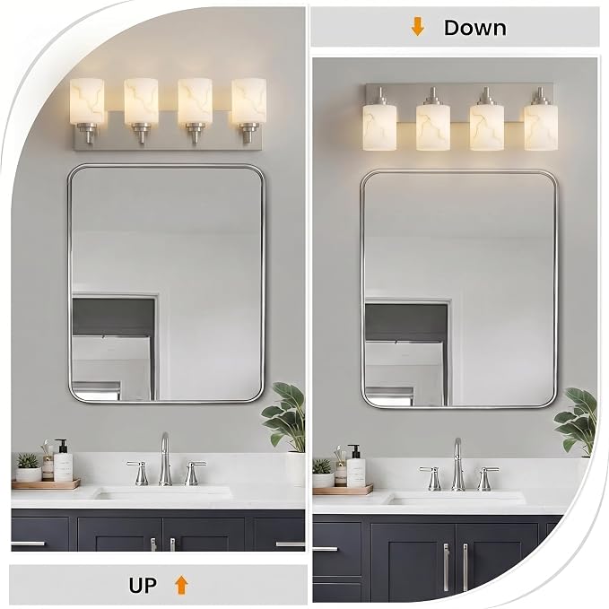 4-Light Bathroom Light Fixture, Brushed Nickel Modern Vanity Light with White Marble Glass Shade, for Bathroom Mirror, Living Room, Bedroom, Hallway, E26 Base, Extended Base