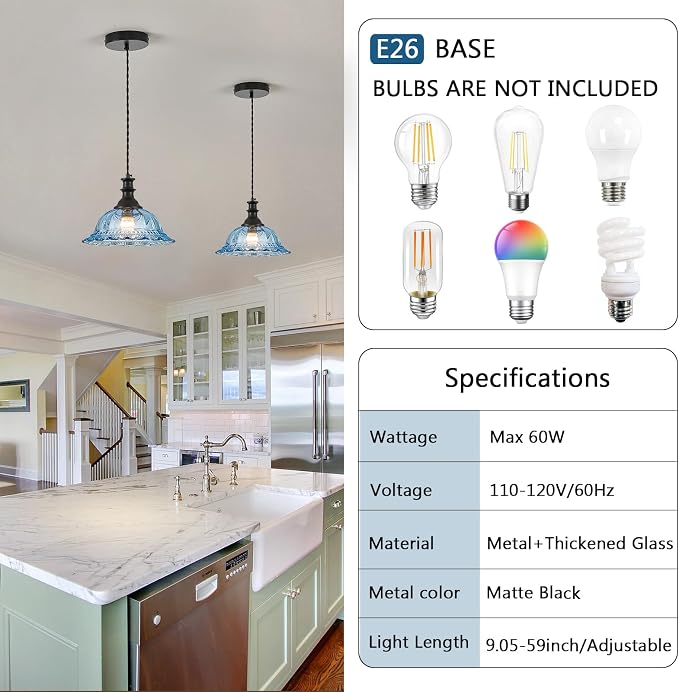 HDDFL Blue Glass Pendant Lights Modern Pendant Lighting Fixtures 11.8 in Hanging Lamp for Kitchen Island Bedroom Dining Room Coffee Shop Hallway Hotel Living Room