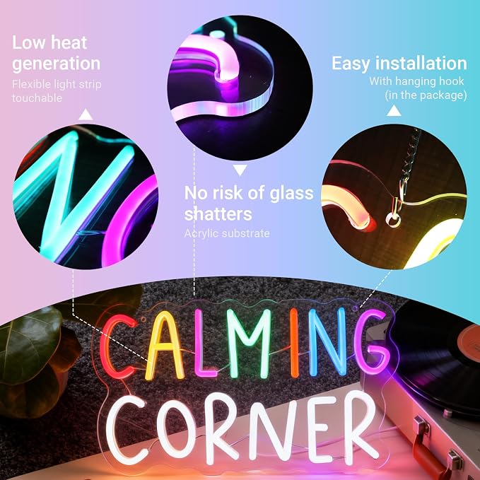Calming Corner Neon Sign for Wall Decor, Calm Down Corner Supplies | Library Classroom School Counselor Office Decorations for Classroom Preschool, Boho Classroom Decor, 6.5ft USB, 14.5“x8.2"
