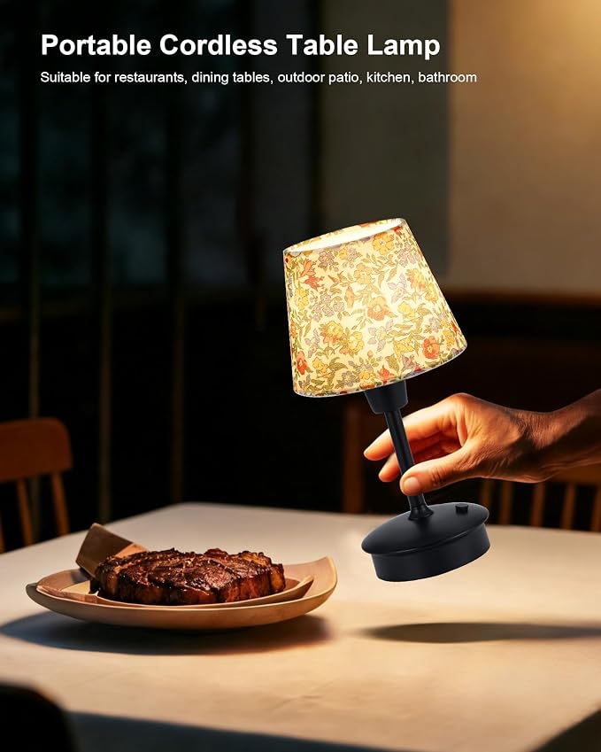 UMEXUS 9.8'' Small Cordless Table Lamp, 5200mAh Battery Operated Touch Lamp | Rechargeable Dimmable Warm Light for Restaurant, Portable Night Light for Bedside Dining Bar Kitchen Outdoor, Floral Pattern