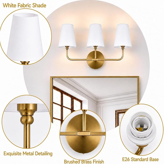 Bathroom Light Fixtures,3-Light Brushed Gold Vanity Lights,Lighting Fixtures Over Mirror with White Flared Fabric Shade,Modern Wall Sconce for Bathroom,Bedroom,Living Room,E26 Socket