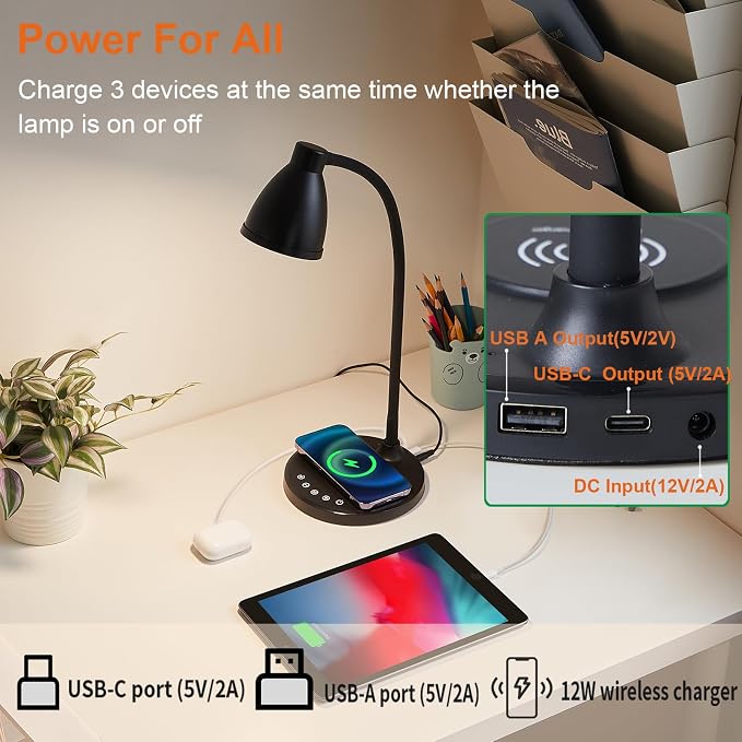 BOHON Desk Lamp for Home Office with USB C+A Charging Ports Timer Black | LED Desk Light with Wireless Charger 5 Colors Stepless Dimming Reading Light Touch Bedside Table Lamp for College Dorm Room