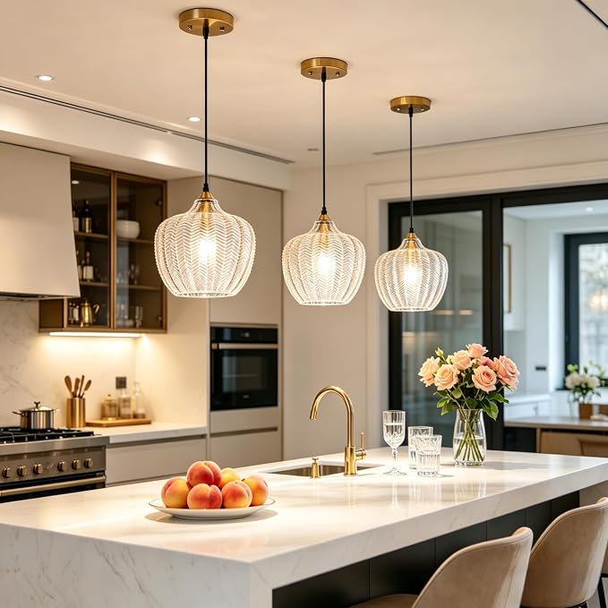 Clear Glass Pendant Lights Kitchen Island 2 Pack Gold Hanging Ceiling Light | 9.45" Adjustable Height, Dimmable, E26 bulbs, Rust-resistant Damp Rated For Bathrooms, 5-Year Warranty, UL Certification