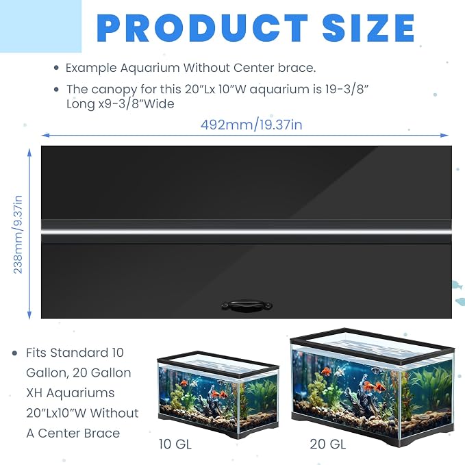 Sieral Aquarium Lids Polycarbonate Canopy with LED Light 19.37 x 9.37 x 0.12 Inch for 10/20 Gallon Without Center Brace Aquariums Cover Fish Tank Lid with a Hook Knife, Black