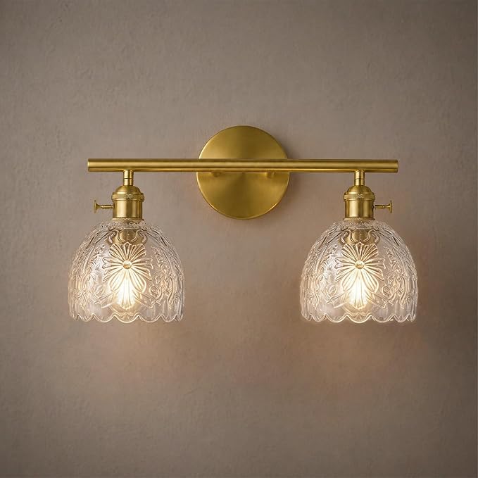 Hamilyeah 2-Light Bathroom Vanity Light Over Mirror, Brushed Gold Wall Sconce with Clear Floral Glass Shades, Modern Bathroom Light Fixture for Bedroom, Hallway, Kitchen