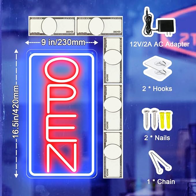 16.5" X 9" Led Neon Open Signs for Business 12V/2A Ultra Bright Led Neon Open Signs Plug In Electric Light Up Open Sign with ON/OFF Switch for Bar Salon Coffee Stores Club Hotel (Vertical)