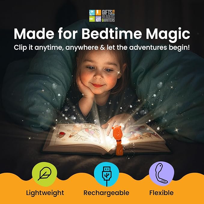 Gifts for Readers & Writers Rechargeable Book Light for Kids, Clip On Reading Light for Bed, 2in1 Flexilight Pals & Bookmark, 12 Hours of Light Once Charged, Includes USB Cable & 2 LED Lights, Fox